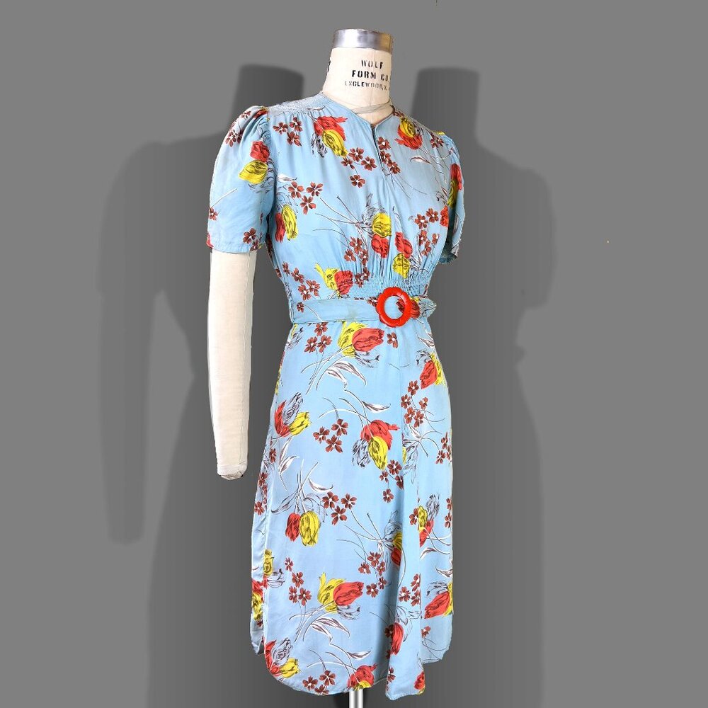 Vintage 1930s 1940s Blue Rayon Dress Floral Midi Dress Size XS Puff Sleeves